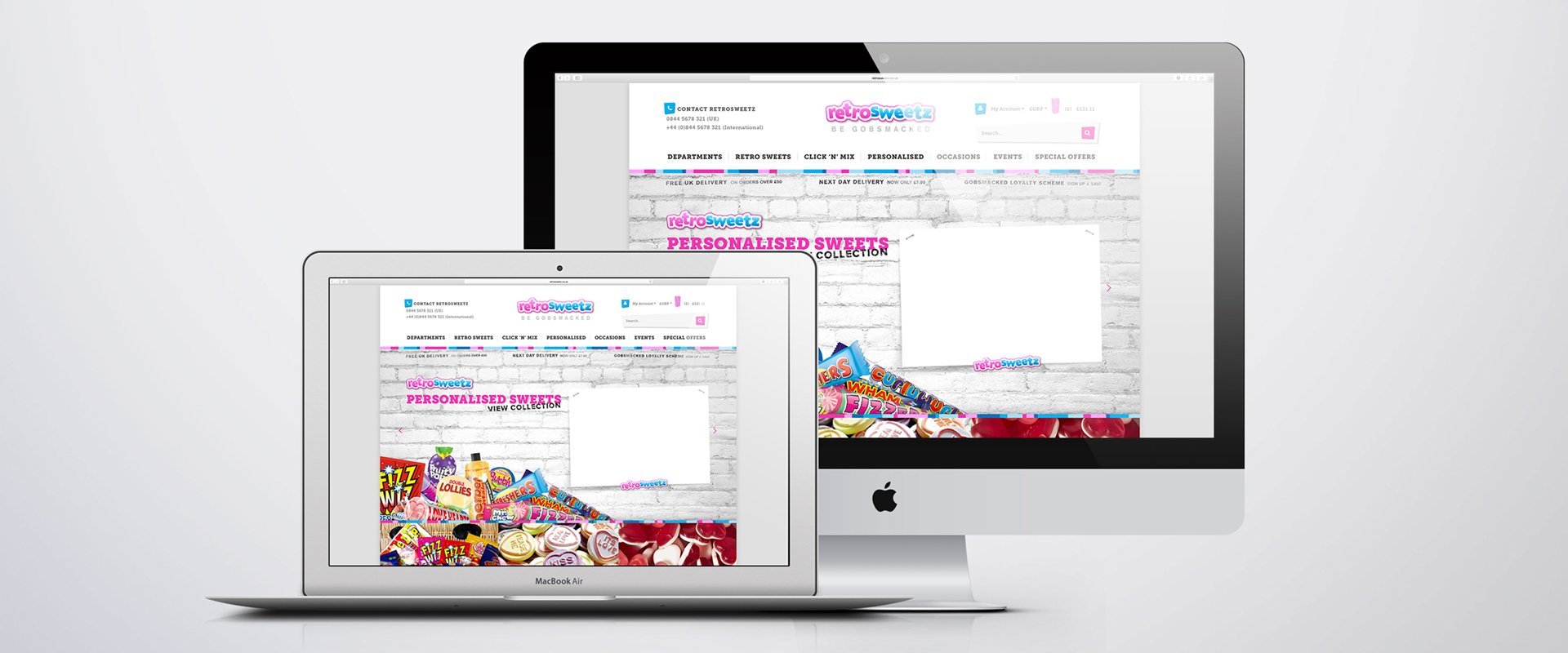 Website design for a company selling sweets being presented on both a desktop and laptop screen.